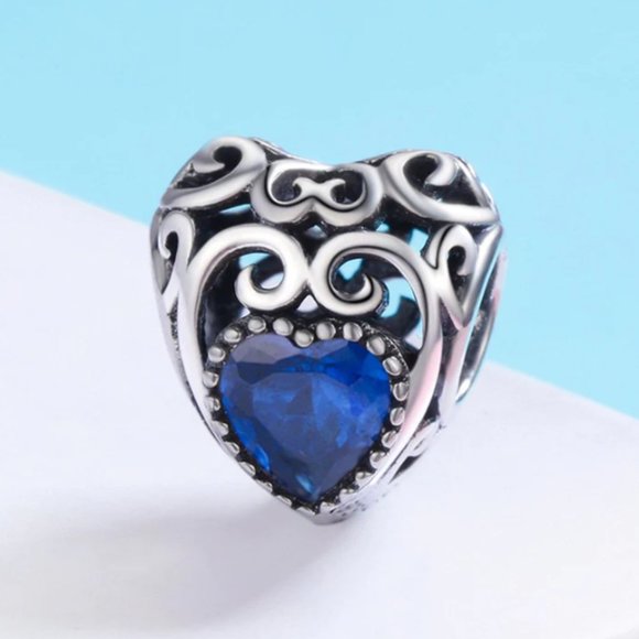 Forever Queen Silver Heart with Blue Birthstone Charm for Snake Chain Bracelet - Picture 1 of 7